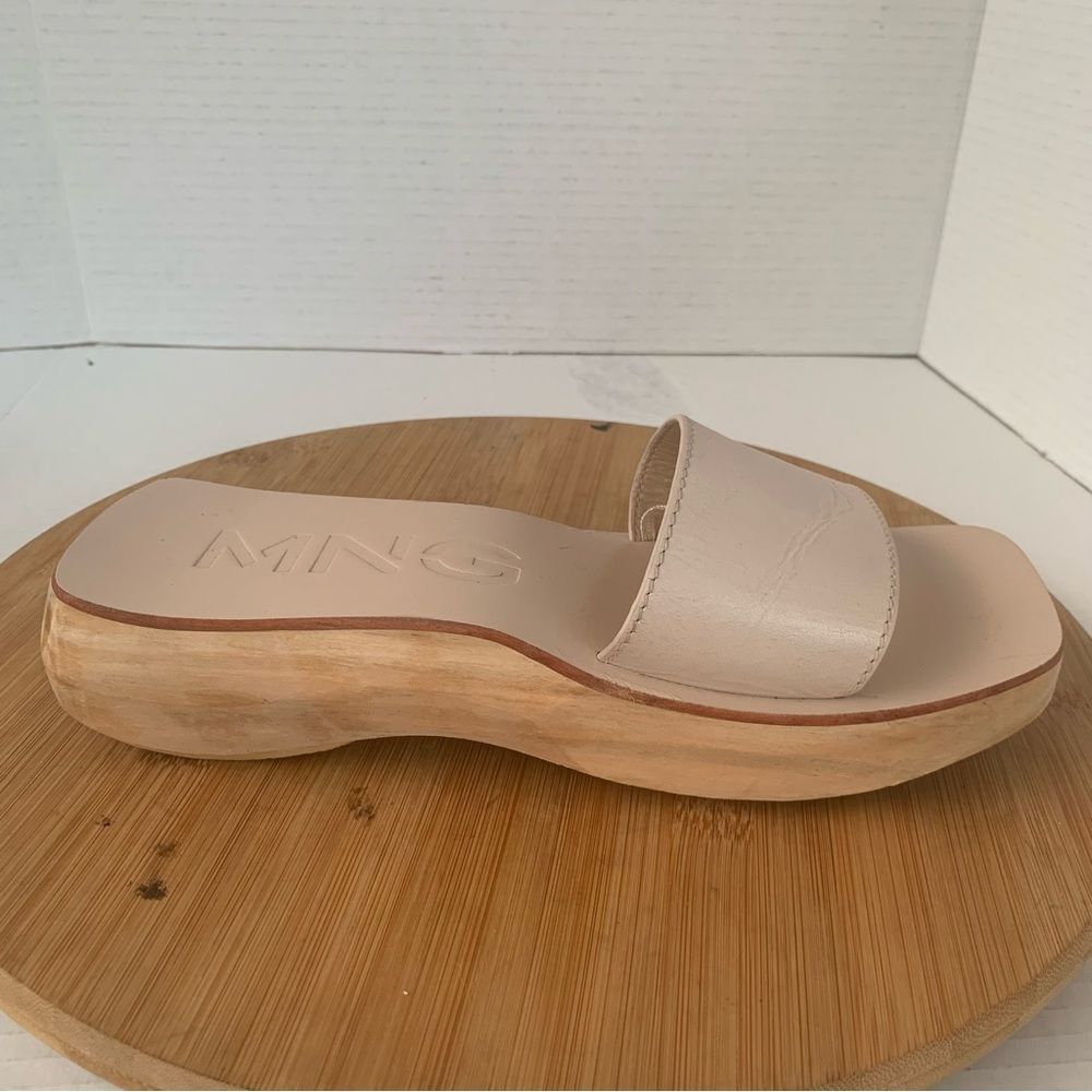 Mango MNG Women’s Sz 6.5 Wood Leather Slide Wedge Bohemian Clog Chunky Sandals